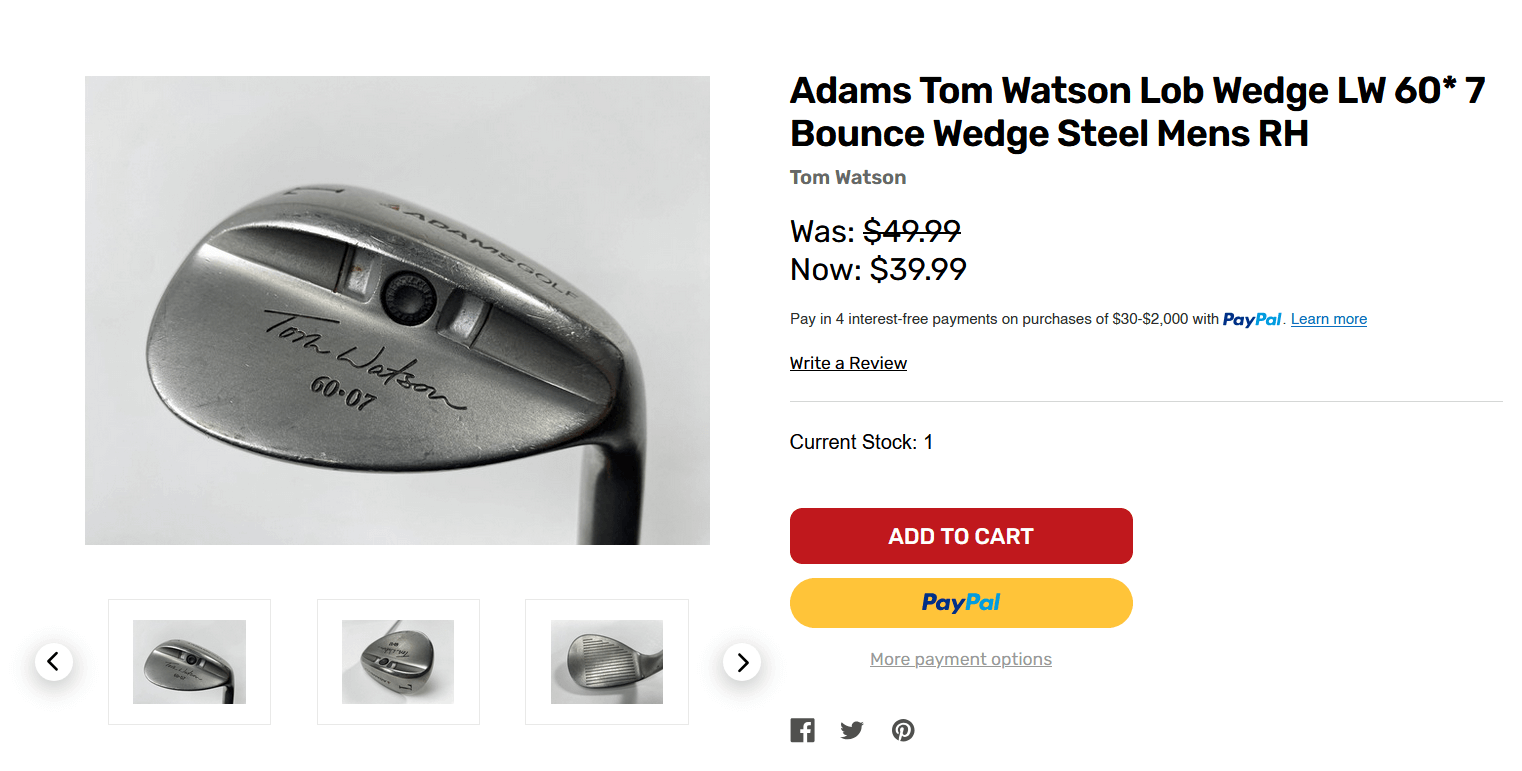 a screenshot of the product page of a Adams Tom Watson Lob Wedge from the StickHawk website
