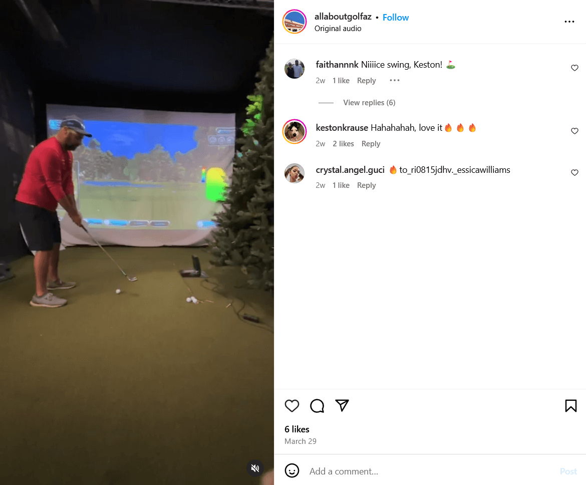 a screenshot from All about Golf AZ's instagram account. It shows a man playing on a golf projector screen.