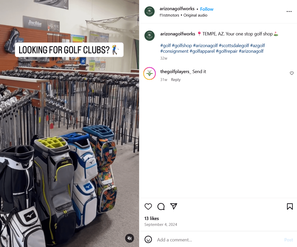a screenshot from Arizona Golf Work's Instagram account. It shows the inside of their golf shop.