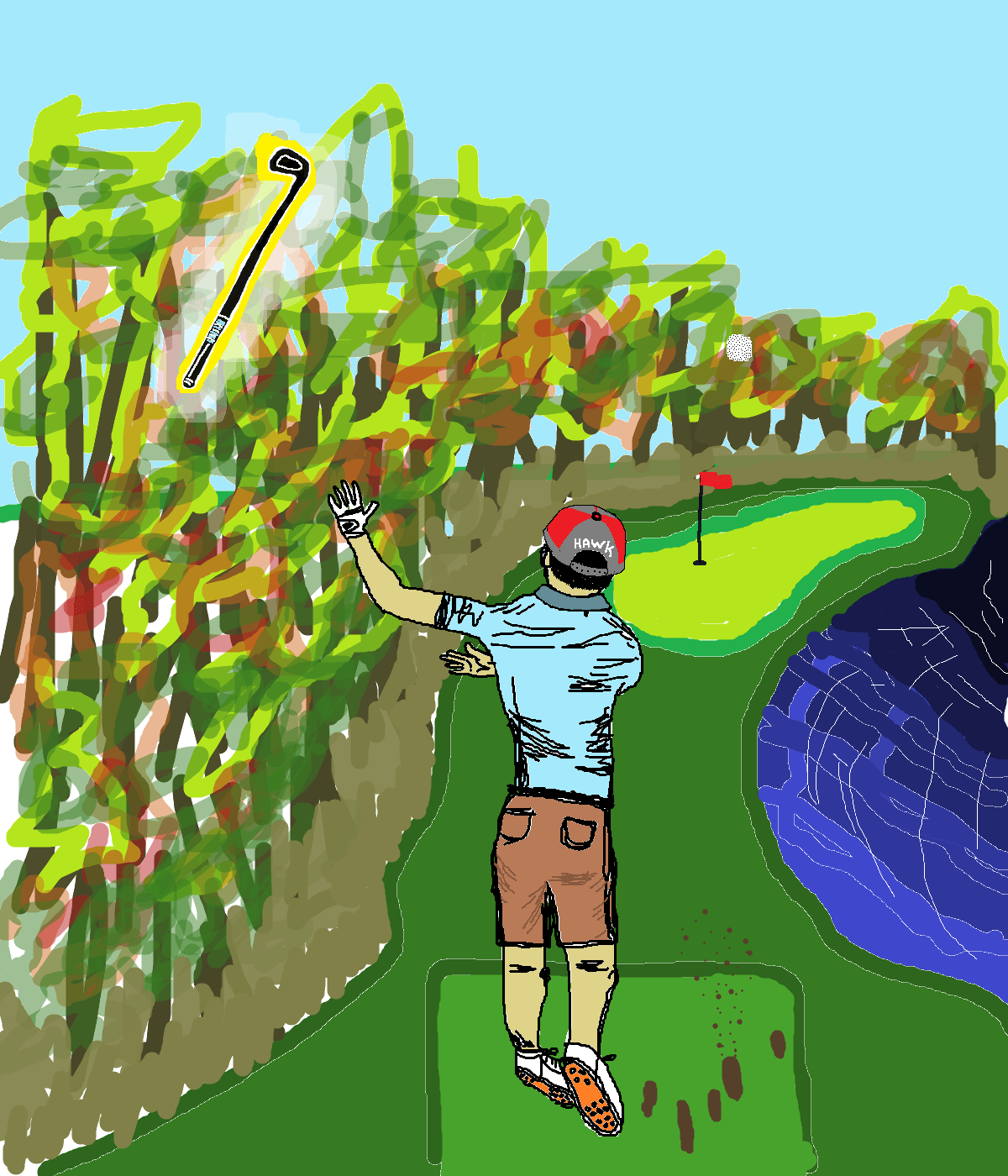 Golf club flying through the air because bad grip couldn't be held
