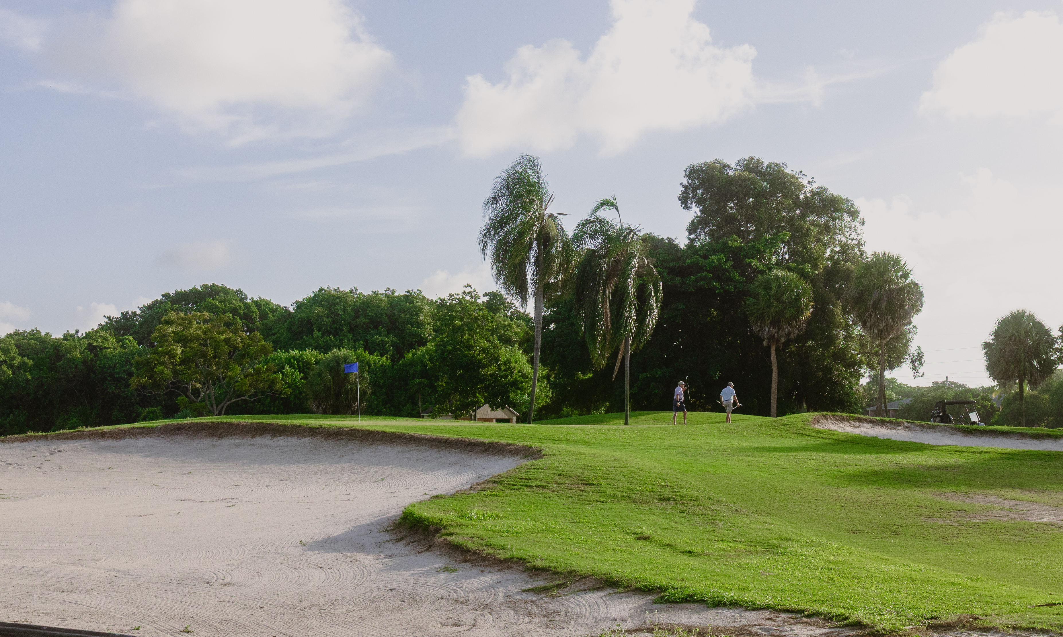 Shot of bunker with live edge and golfers in the background walking off green
