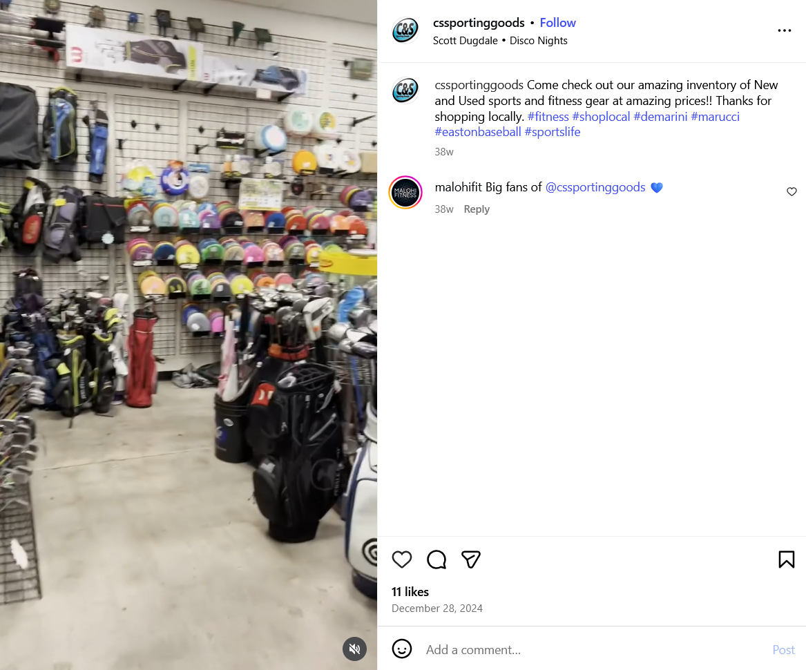 Instagram post from C&S Sporting goods showing the golf section of their store