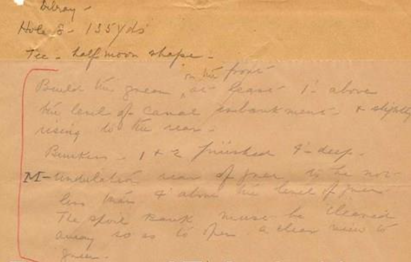 Handwritten notes by Donald Ross for his vision of #8 at DBGC