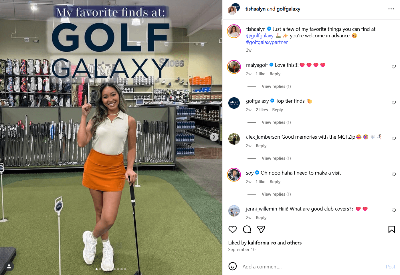 a screenshot from Golf Galaxy's Instagram showing a female golfer posing in their store