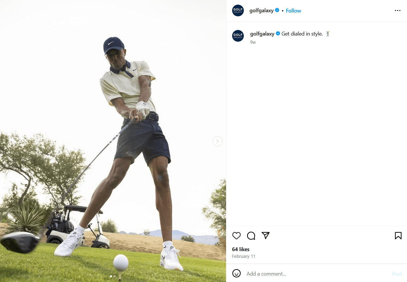 IG screenshot from Golf Galaxy showing a man hitting a golf ball off a tee with a driver