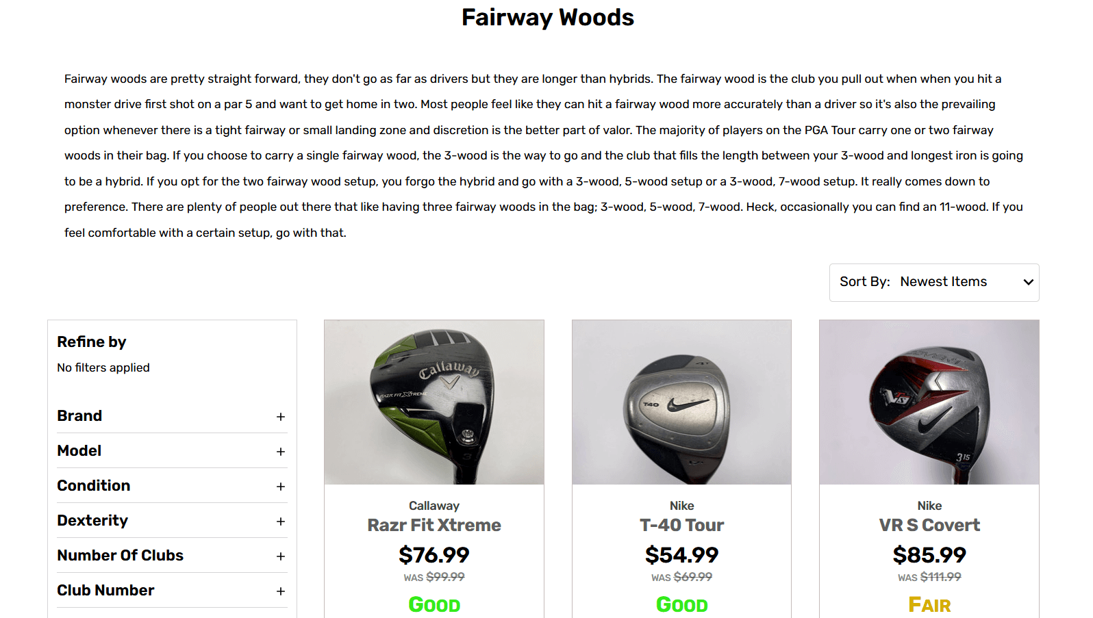 A screenshot from the StickHawk website showing their Fairway Woods results page