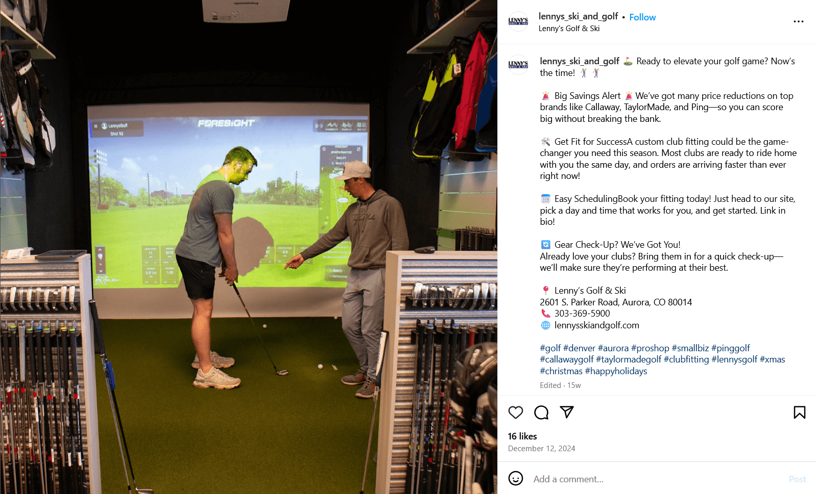 a screenshot from Lenny's Golf Shop's Instagram account showing someone getting a club fitting