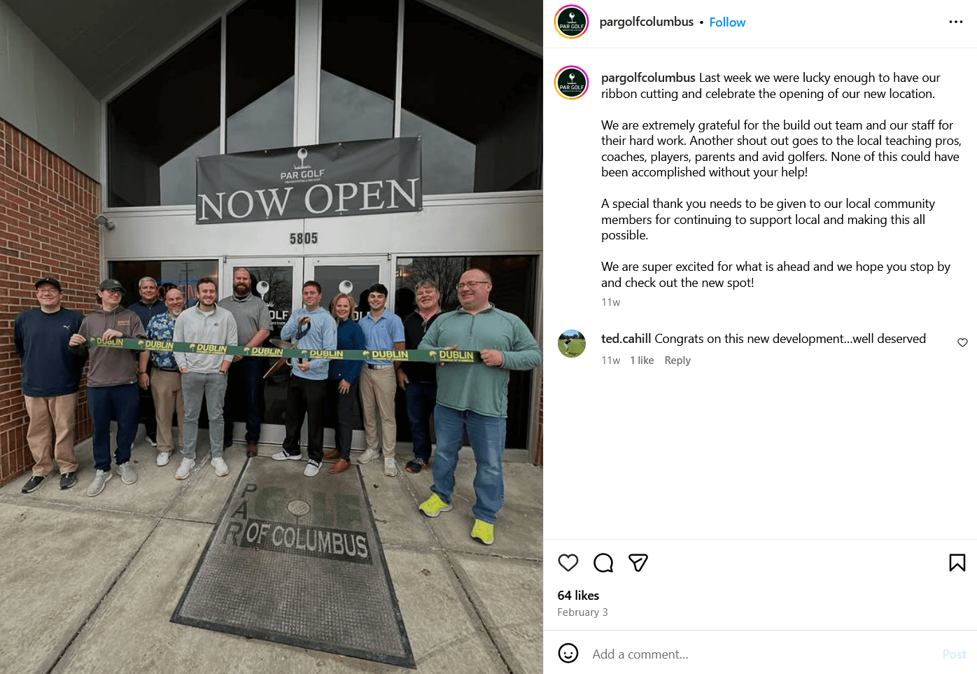 a screenshot of the pargolfcolumbus IG account showing a store opening ribbon cutting