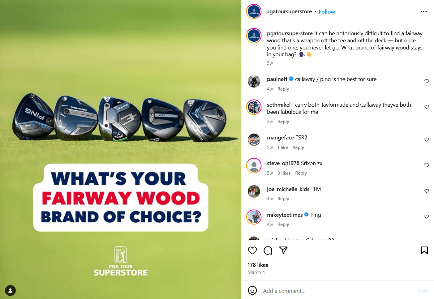 Instagram screenshot of PGA Tour Superstore's account asking what's your fairway wood brand of choice?