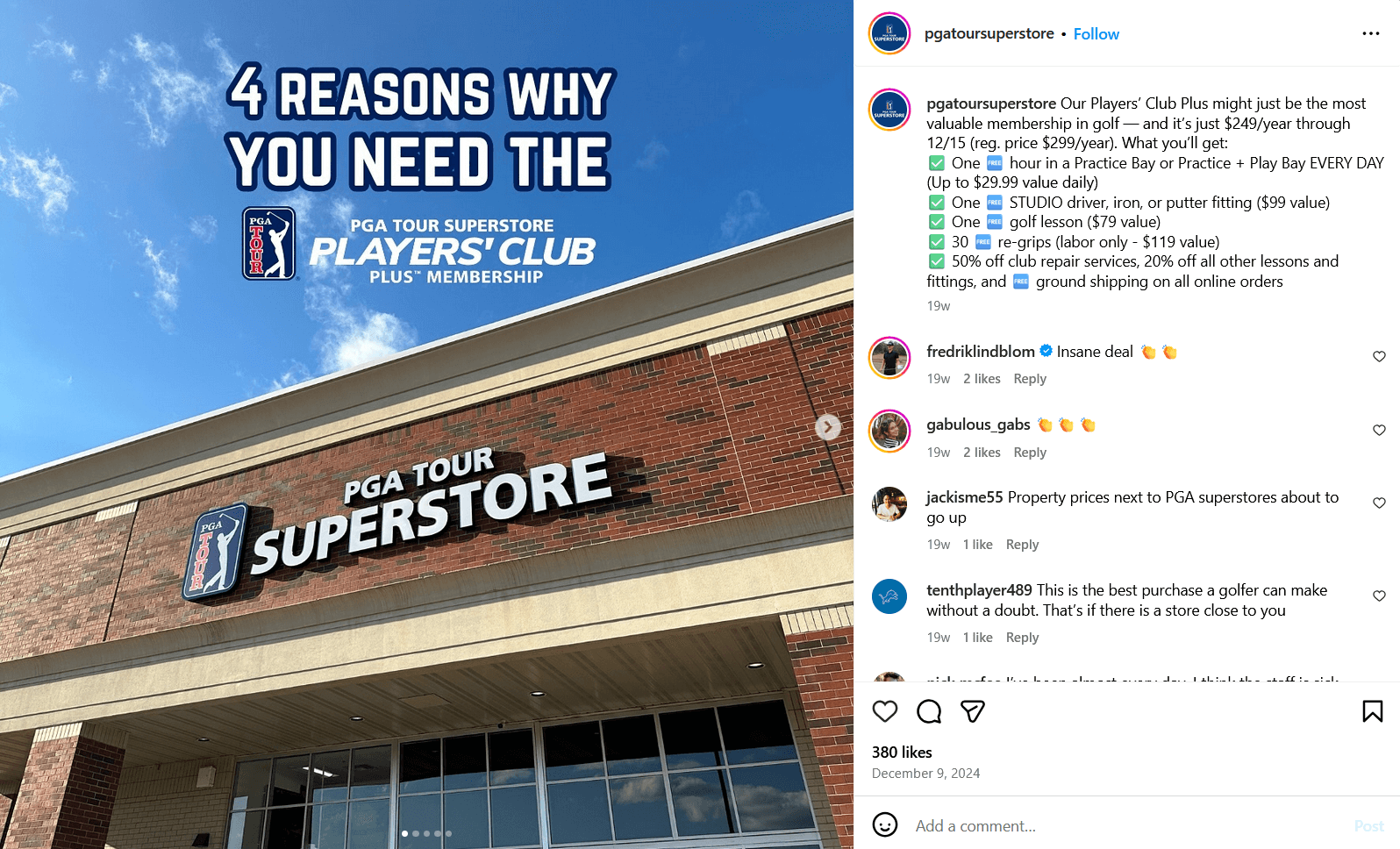 screenshot from PGA tour superstore's IG account showing the outside of one of their stores.