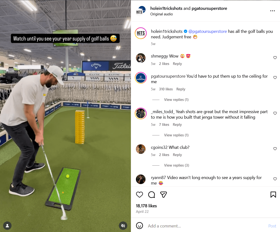 screenshot from a Holein1trickshots IG account showing a person on a putting green inside of the store