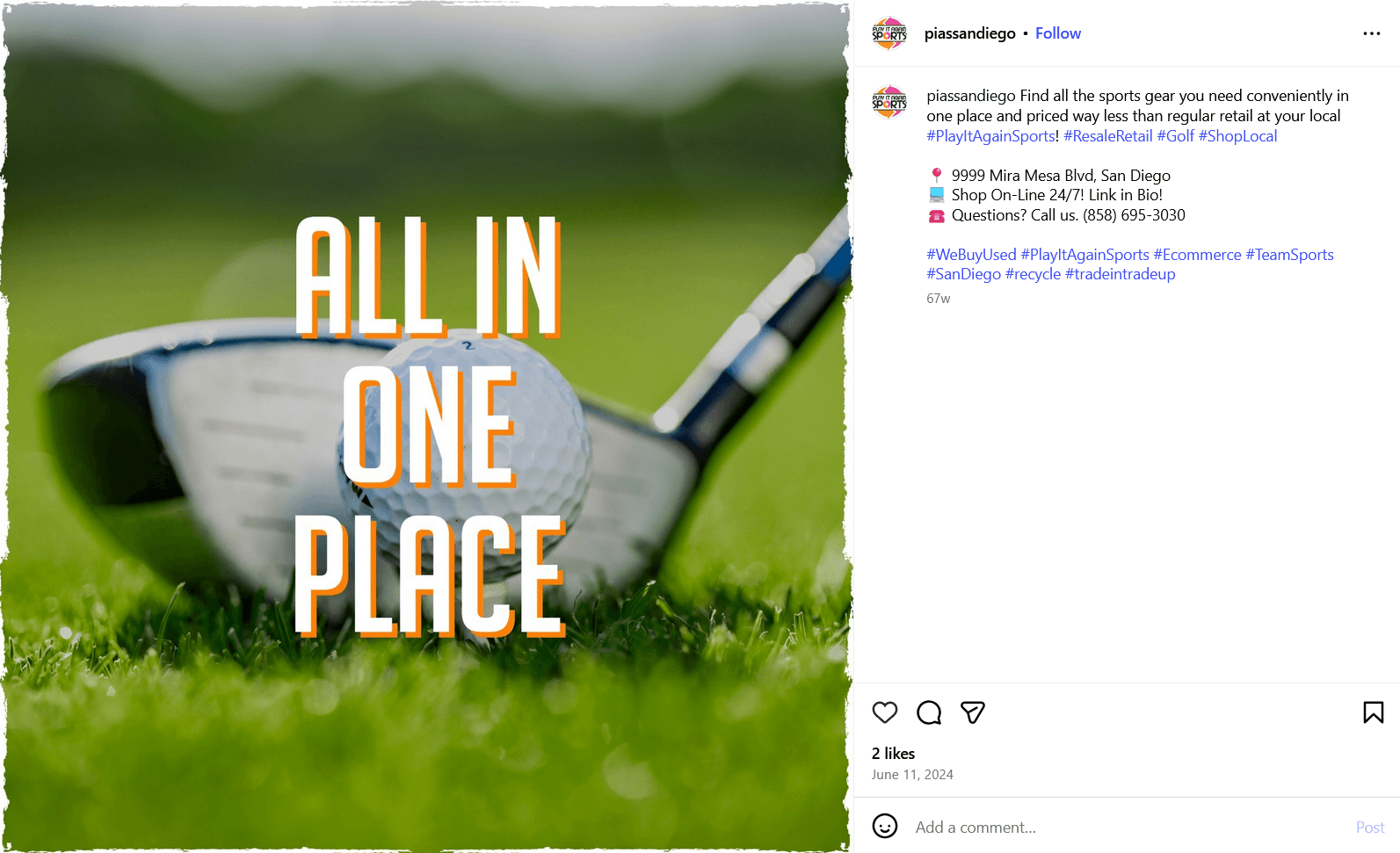 screenshot of a golf club from the Play It Again Sports - Scripps Mesa location's Instagram account