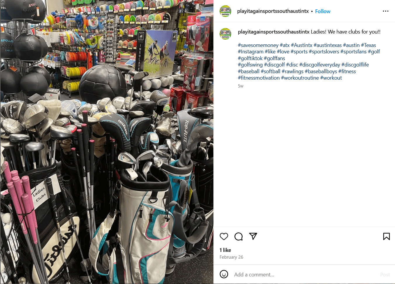instagram screenshot from Play it Again Sports' Austin profile that shows their golf club options inside of their store. 