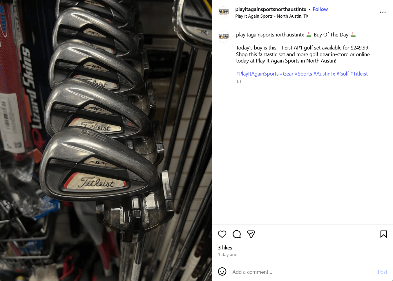 screenshot from North austin play it again sports' Instagram depicting a Titleist iron set.