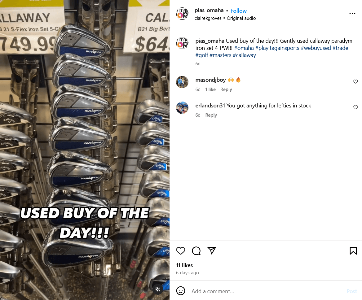 screenshot from Play it again Sports - Omaha's IG post showing iron sets with 'Used Buy of the Day' caption