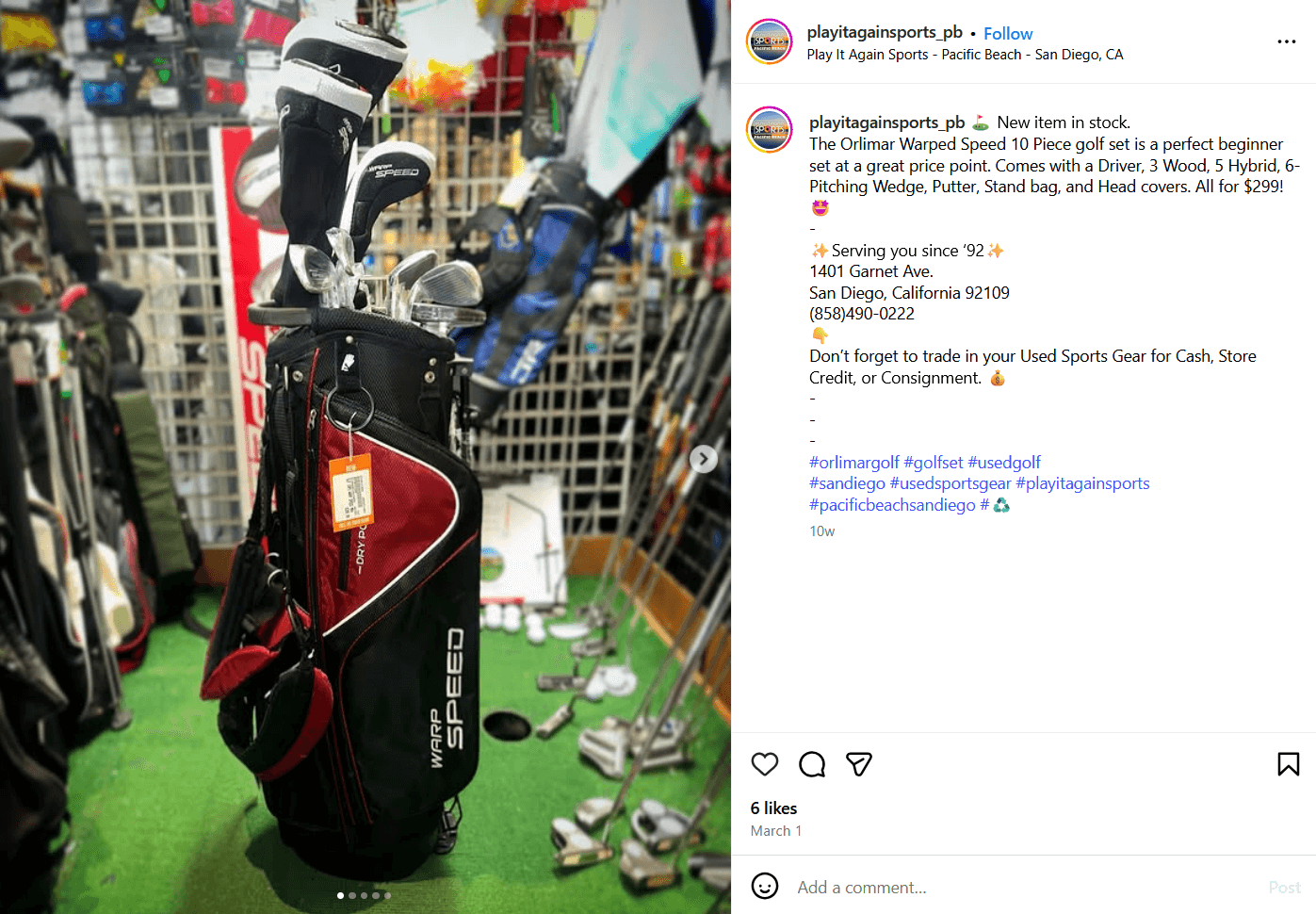 screenshot from Play it again pacific beach's Instagram showing a golf bag full of clubs