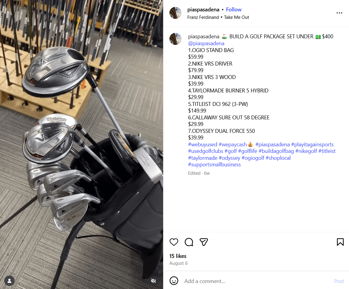 IG post of clubs in a bag from the Play It Again Sports Pasadena's IG account