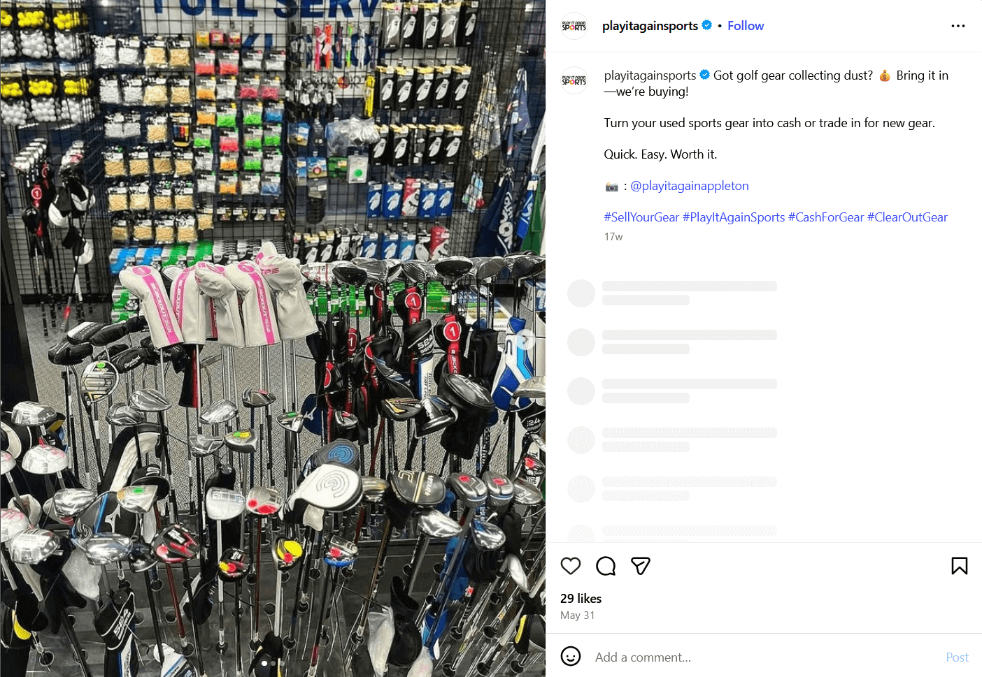 a screenshot of the golf section from the Play it again sports Instagram page