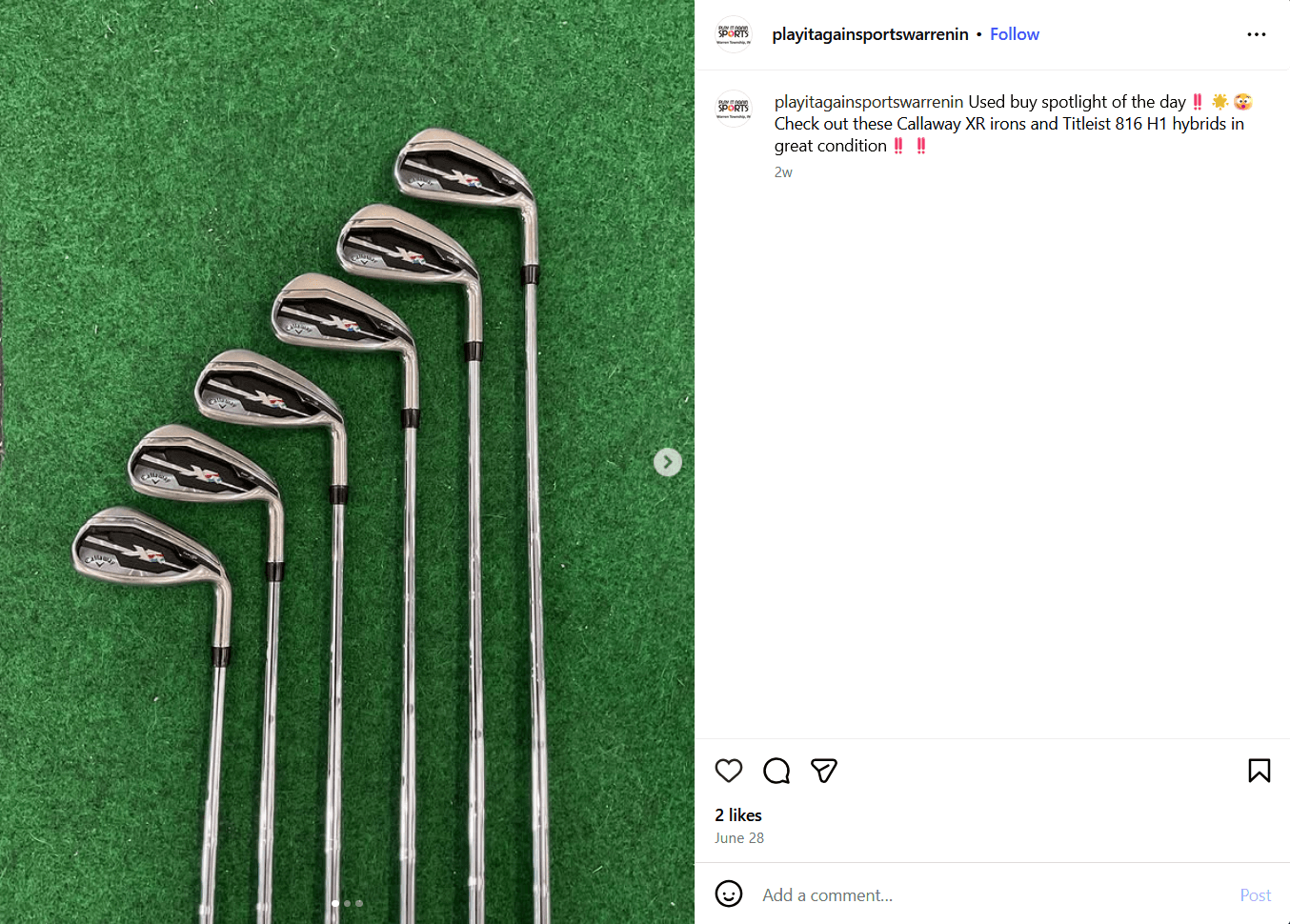 screenshot from Play it again Warren's Instagram featuring clubs laying on a grass background