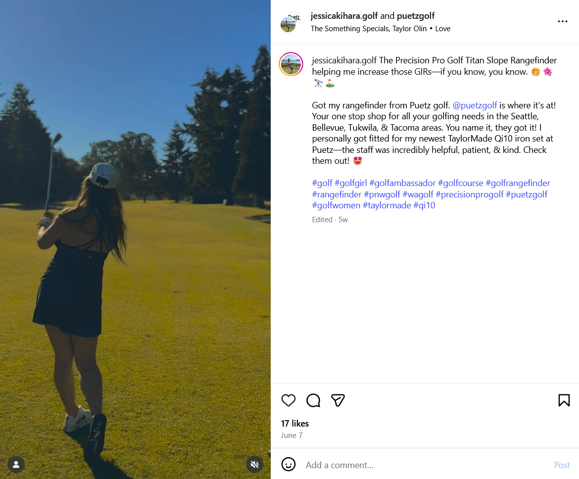 screenshot of a woman golfing from the Puetz Golf Instagram account