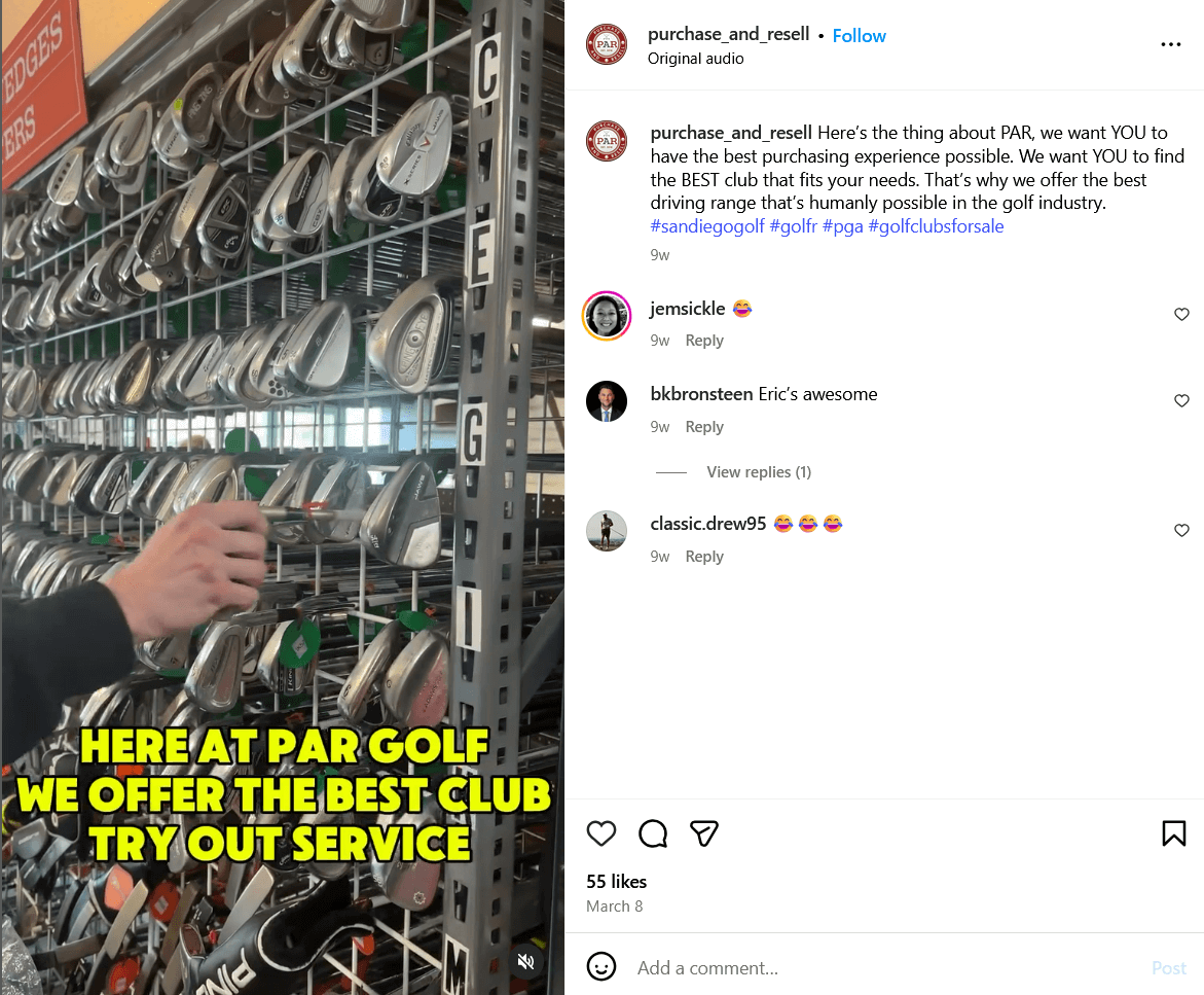 a screenshot from Purchase & Resells Instagram account showing a wall of clubs from inside of their store