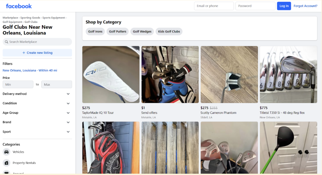  A screenshot of the first few listings for used golf clubs in New Orleans on the Facebook Marketplace website.