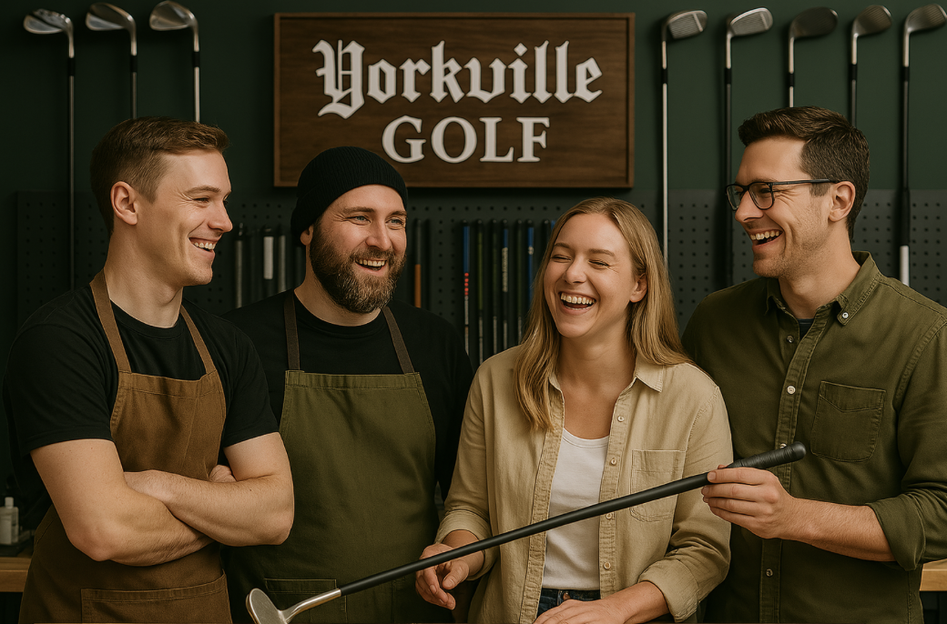  Four people smiling in a golf repair shop inside.