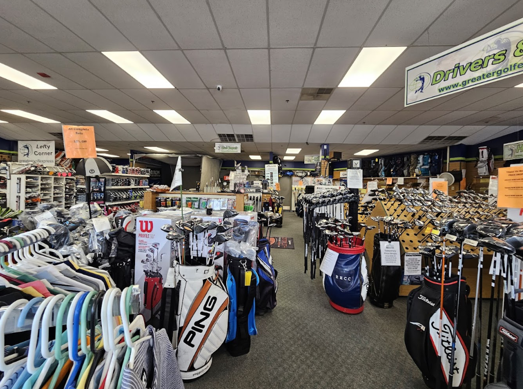 The interior of Greater Golf Express shows the store floor with plenty of golf clubs, bags, shirts, and more.