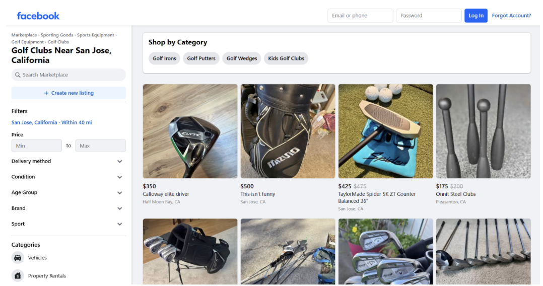 Facebook Marketplace listings for used golf clubs in San Jose, CA