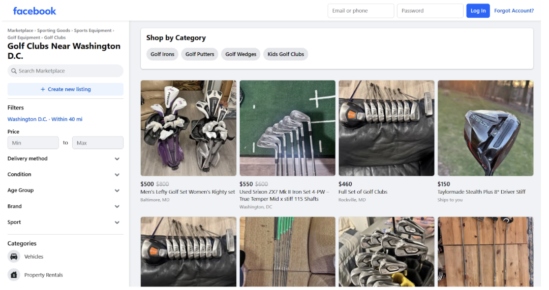 Facebook Marketplace listings for used golf clubs in Washington DC