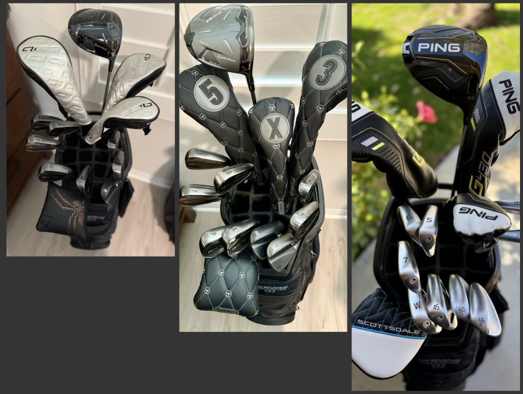 Three pictures of different golf bags filled with great quality clubs you can rent.