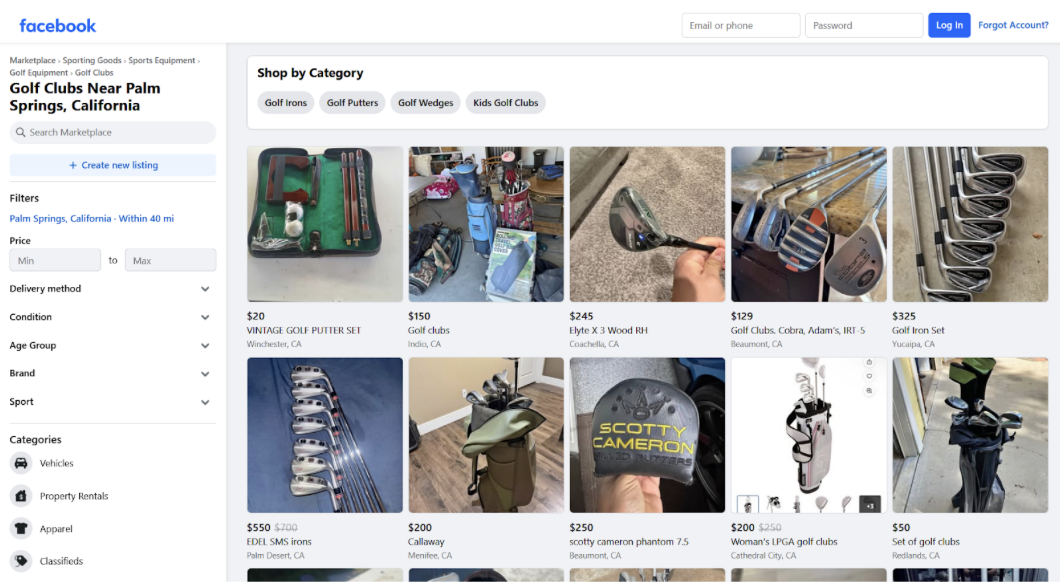 golf club listings on Facebook Marketplace in Palm Springs, California
