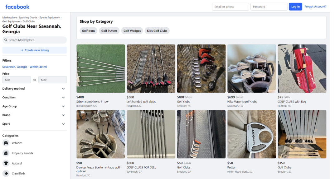 used golf clubs in Savannah's Facebook Marketplace