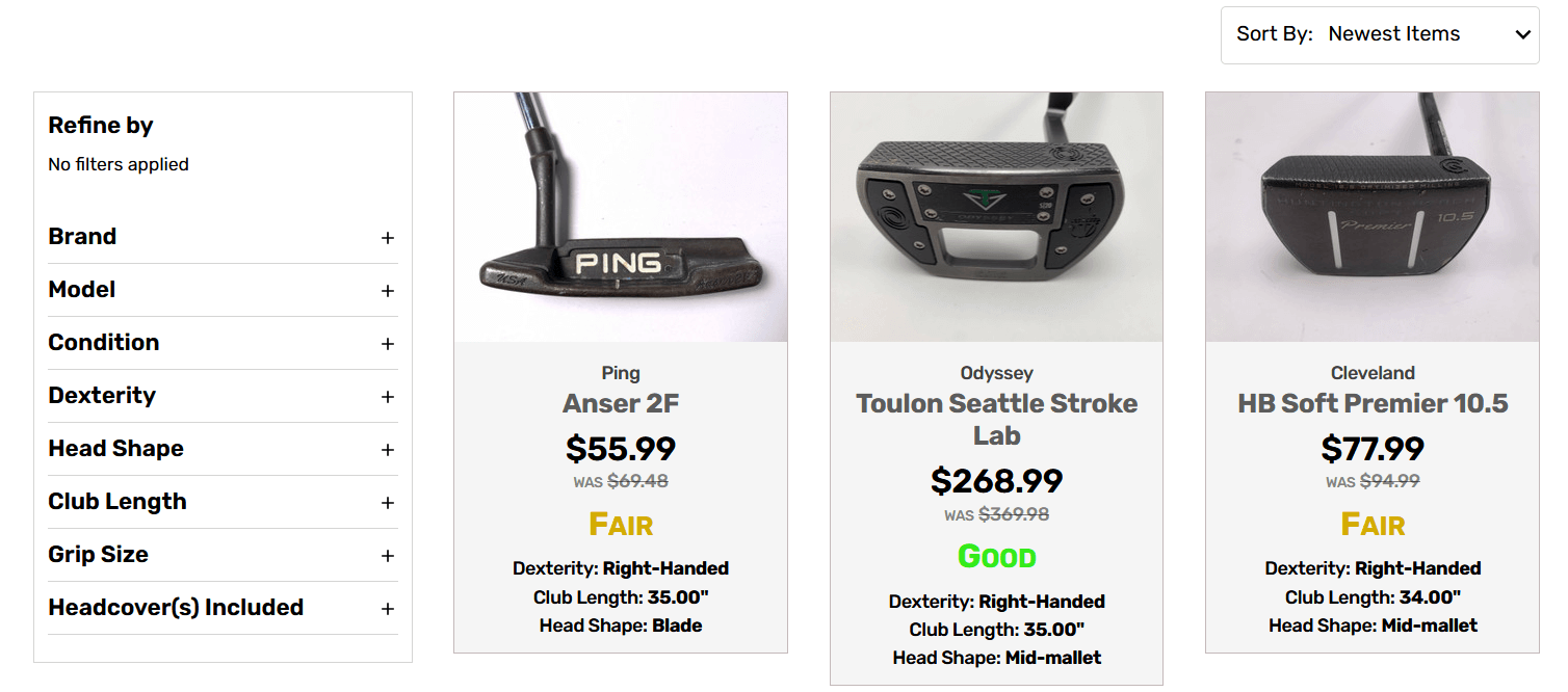 screenshot of putters page on the Stickhawk website