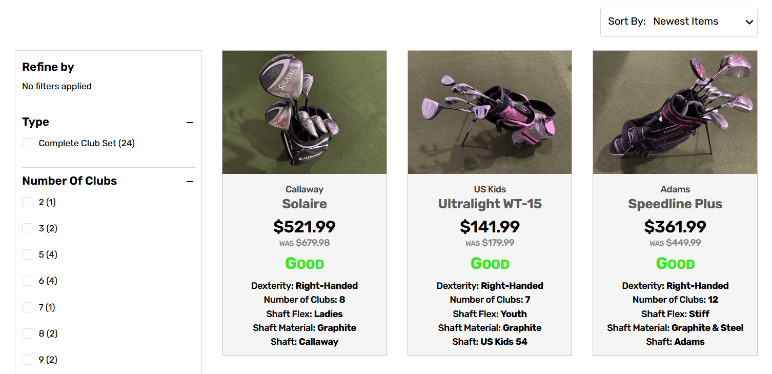 a screenshot from the stickhawk website showing their complete club sets.