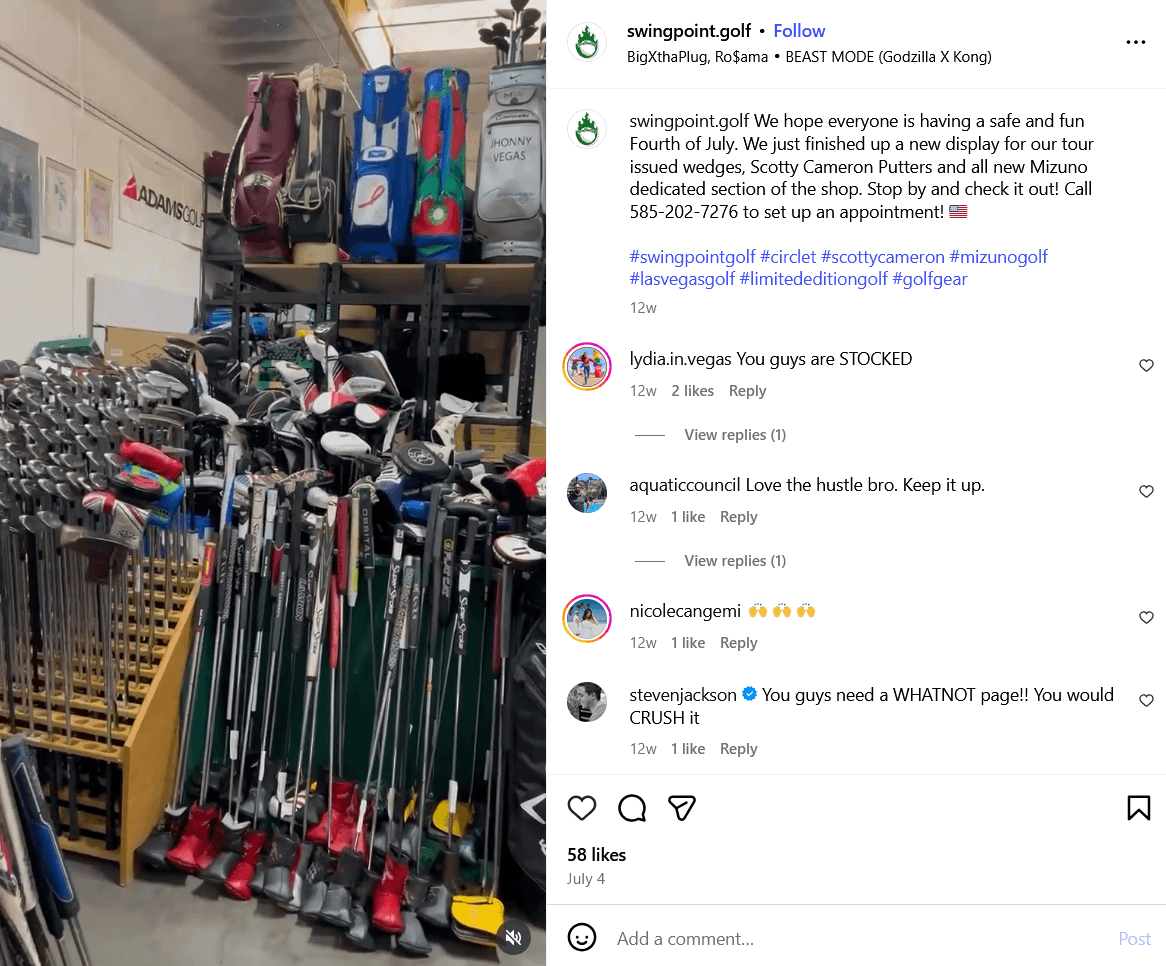 a section of the SwingPoint Golf store that has a bunch of clubs and golf bags displayed in rows.
