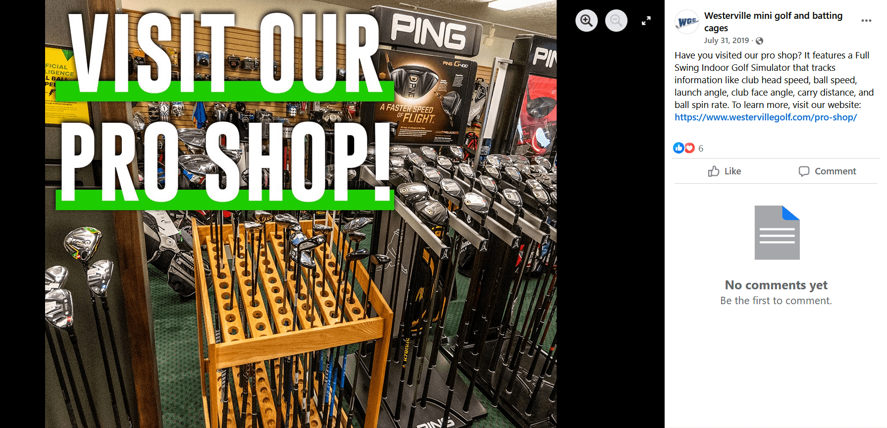 an Instagram post depicting the inside of the Pro Shop store at Westerville Golf Center