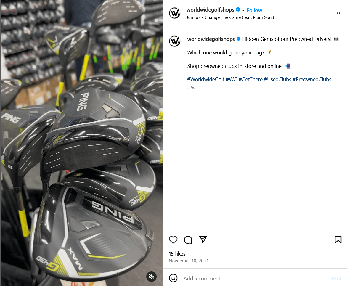 a screenshot from World Wide Golf Shops' Instagram account.  The image shows a bunch of PING drivers